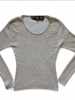 Christine Phillipe Vtg 1997 Beaded Cotton/Metallic Long Sleeve Sweater Sz Medium